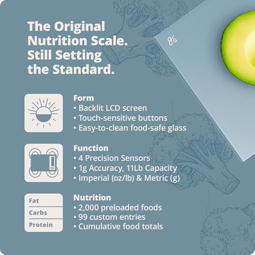 Greater Goods Digital Nutrition Scale – Accurate Macro and Calorie Tracking for Meal Prep, Weight Loss, and Healthy Eating | 2,000 Built-in Foods, Intuitive Nutrition Label Display, 11lb Cap, Blue - color: Stone Blue