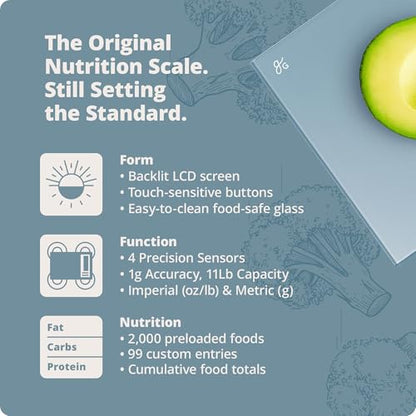 Greater Goods Digital Nutrition Scale – Accurate Macro and Calorie Tracking for Meal Prep, Weight Loss, and Healthy Eating | 2,000 Built-in Foods, Intuitive Nutrition Label Display, 11lb Cap, Blue - color: Stone Blue