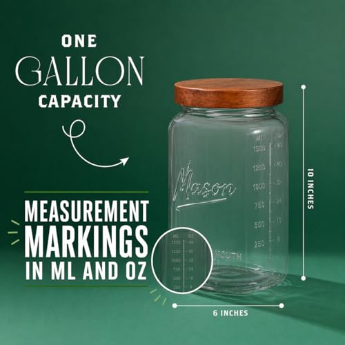 1 Gallon Glass Jars with Wooden Lids - Extra Large Mason Jars Wide Mouth with Airtight Wood Lids - Square Glass Storage Containers with Measurement Markings for Flour, Sugar & Pickling, 2 Pack