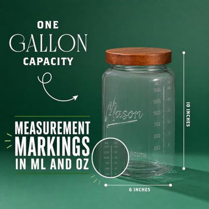 1 Gallon Glass Jars with Wooden Lids - Extra Large Mason Jars Wide Mouth with Airtight Wood Lids - Square Glass Storage Containers with Measurement Markings for Flour, Sugar & Pickling, 2 Pack