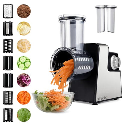 Upgraded 300W Electric Cheese Grater with 7 Stainless Steel Blades, Cheese Shredder Electric for Slicing, Shredding & Grinding Vegetables, Fruits and Nuts,Easy One-Touch Control