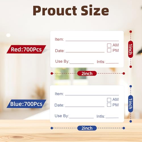 1400 Pcs Removable No-Residue Food Label Stickers, 1 x 2 Inch Date Stickers | Waterproof, Oil-Resistant, and Tear-Resistant Labels for Food Containers, Easy to Write On – Blue & Red