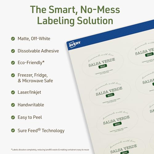 Avery Dissolvable Oval Labels, Sure Feed Technology, 1.5" x 2.5", Matte White, Laser/Inkjet Printable, 90 Labels Total, Freezer-Safe, Microwave-Safe, Refrigerator-Safe - style: 90 labels