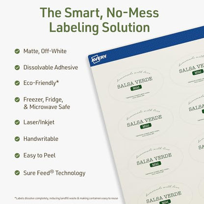 Avery Dissolvable Oval Labels, Sure Feed Technology, 1.5" x 2.5", Matte White, Laser/Inkjet Printable, 90 Labels Total, Freezer-Safe, Microwave-Safe, Refrigerator-Safe - style: 90 labels