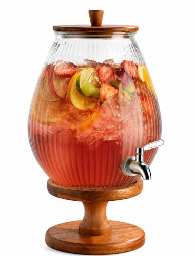 2 Gallon Drink dispenser, Glass Beverage Dispenser With Wood Stand, Large Water Drink Dispensers for Parties With Stainless Steel Spigot, Ideal for Lemonade,Juice, Tea, and Party Drinks - color: Clear - 2 Gallon