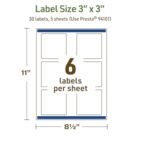 Avery Dissolvable Square Labels, Sure Feed Technology, 3" x 3", Matte White, Print-to-The-Edge, Laser/Inkjet Printable, 30 Labels Total - style: 30 labels