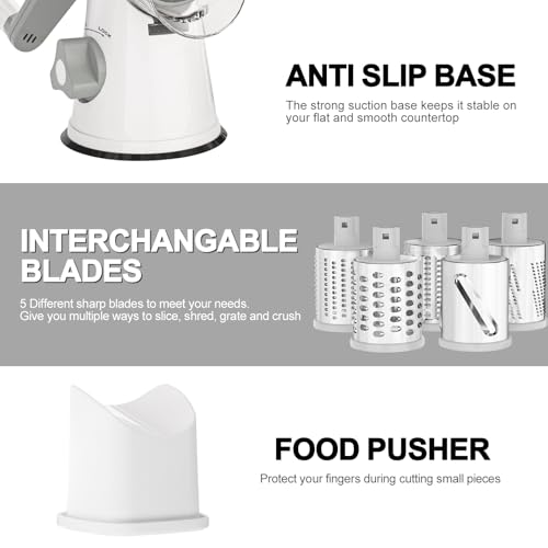 Cambom Rotary Cheese Grater Hand Crank Cheese Shredder for Fresh Cheese, Vegetable, Nuts,Non-slip Suction Base, Five Blades, White - color: White, size: 5 BLADES