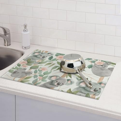Cute Koala Holding Blossom Branch Dish Drying Mat for Kitchen Counter Microfiber Absorbent Reusable Washable 18x24in - color: Cute Koala Holding Blossom Branch