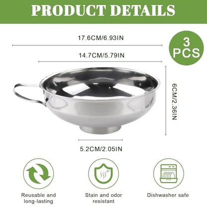 3PCS Stainless Steel Canning Funnel, 5.8in Large Funnel Wide Mouth with 2.2in Spout, Versatile Kitchen Funnels for Filling Bottles, Fits Oil, Jam, Honey & Flour, Canning Accessories
