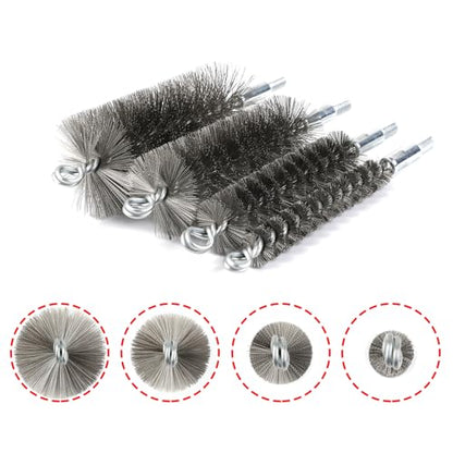 50 in Pipe Cleaning Brush Set with Stainless Steel Bristles, Wire Brush with 4 Flexible Rods, Stainless Steel Pipe Brush 4pcs for Auto Parts, Bottles, Tubes. (3/5, 1, 1 3/5, 2 in Brush Heads)