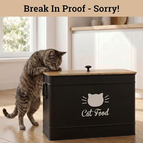 Cat Food Storage Container with Scoop - 15 lb (50 Cup) Capacity Metal Cat Food Container with Airtight Bamboo Lid & Metal Scoop - Airtight Pet Food Storage Containers - 15 lb Treats & Kibble Container - color: Black