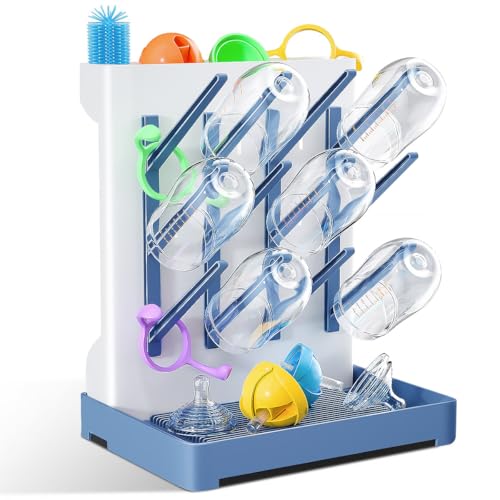 Baby Bottle Drying Rack: Vertical Space Saving Large Bottles Holder - Standing Boon Dryer Rack Baby Accessory - Countertop Holds Up to 12 Bottles & Pump Part Cleaning & Cup (Blue) (Blue) - color: Blue