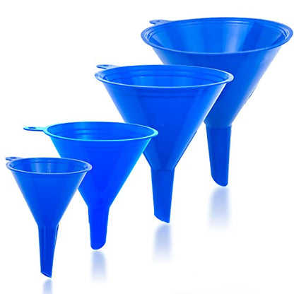 LIQVEE™ Funnel 4-Pack Funnels for Kitchen Use Filling Bottles - Food-Grade Plastic, Funnels for Automotive Use, Mess-Free Filling, funnels for Filling Bottles, Sizes (122, 101, 76 & 50mm)