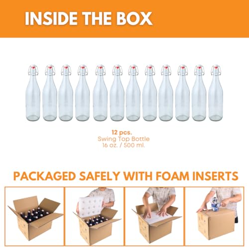 FastRack Swing Top Glass Bottles 16oz (500ml) – 12 Pack | Clear Flip Top Bottles with Airtight Lids | Reusable Glass Containers for Olive Oil, Vinegar, Kombucha, Beer & Fermentation - size: 12 Pack
