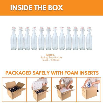 FastRack Swing Top Glass Bottles 16oz (500ml) – 12 Pack | Clear Flip Top Bottles with Airtight Lids | Reusable Glass Containers for Olive Oil, Vinegar, Kombucha, Beer & Fermentation - size: 12 Pack