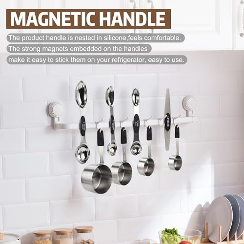 Magnetic Measuring cups and spoons Set, 5 Stainless Steel Magnetic Measuring Cup and 8 Double Sided Measuring Spoons with 1 Leveler，Kitchen Gadgets for Cooking & Baking