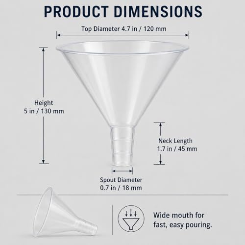 RHBLME 20 PCS Plastic Funnels Set, 4.7 Inch Wide Mouth Clear Plastic Funnels for Filling Bottles, Multipurpose Large Funnel with Long Reaching Spout, Water Bottle Funnel for Powder Liquid Spices