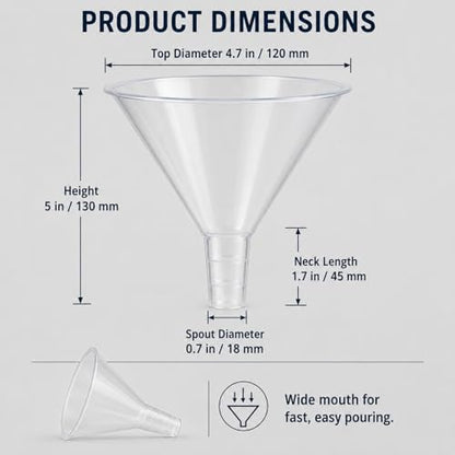 RHBLME 20 PCS Plastic Funnels Set, 4.7 Inch Wide Mouth Clear Plastic Funnels for Filling Bottles, Multipurpose Large Funnel with Long Reaching Spout, Water Bottle Funnel for Powder Liquid Spices