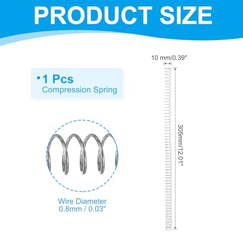 PATIKIL Compression Spring 0.8 mm Wire Dia x 10 mm OD x 305 mm L, 1 Pcs 304 Stainless Steel Mechanical Extension Small Springs Pen Springs Assortment Kit for Shop and Home Repairs - size: 10x0.8x305 mm