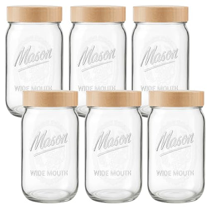 32 oz Glass Jars, Wide Mouth Mason Jars with Bamboo Airtight Lids for Food Storage, Snacks, Meal Prep & Lunch Leakproof (6 Pack - Bamboo) - color: 6 Pack - Wood