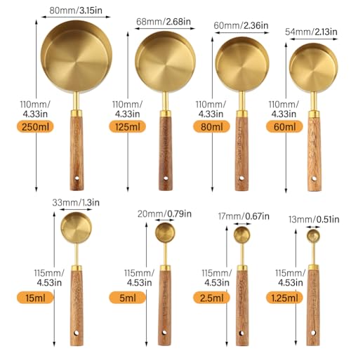 Gold Measuring Cups and Spoons Set of 8, Stackable Stainless Steel Measuring Spoons and Measuring Cup Set with Wood Handles, Dry & Liquid Measuring Cups for Cooking & Baking