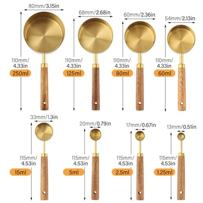 Gold Measuring Cups and Spoons Set of 8, Stackable Stainless Steel Measuring Spoons and Measuring Cup Set with Wood Handles, Dry & Liquid Measuring Cups for Cooking & Baking