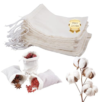 50pcs Spice Bags for Cooking Soup,3x4 In Natural Muslin Drawstring Bag, Reusable Tea Bags for Loose Tea, Small Cheese Cloth Cotton Bag for Straining, Unbleached Cheesecloth Herb Sachet Bag - size: 50pcs-3*4in