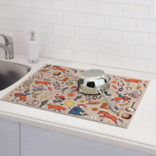Western Dish Drying Mat For Kitchen Microfiber Drying Mats Absorbent Reversible Dish Pad Draining Mats For Countertop Coffee Mats 18x24 Inch - color: Western1
