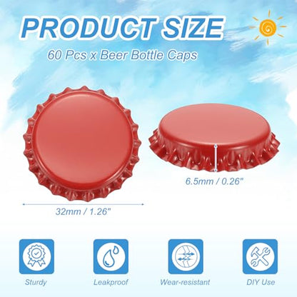 uxcell 60 Pcs Oxygen Absorbing Beer Bottle Caps, 32mm Pry Off Bulk Crown Caps Bottle Toppers for Soda Beer Wine Glass Bottles Home Brewing DIY Pendants or Craft Scrapbooks, Red - color: Red