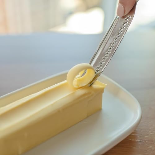 Ready Butter Pro 3-in-1 18/10 Stainless Steel Butter Knife & Cheese Slicer | Balanced 6" handle, beveled edge slices cheese, serrated edge, grate and curl, extra-sharp micro graters, spreads cold butter - style: Ready Butter Pro