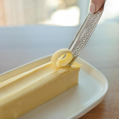 Ready Butter Pro 3-in-1 18/10 Stainless Steel Butter Knife & Cheese Slicer | Balanced 6" handle, beveled edge slices cheese, serrated edge, grate and curl, extra-sharp micro graters, spreads cold butter - style: Ready Butter Pro