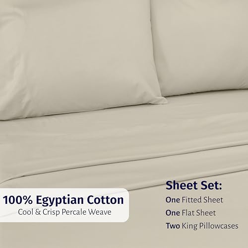 California Design Den Certified 100% Egyptian Cotton Percale Sheets King Size Set - Lightweight, Deep Pocket Bed Sheets Egyptian Cotton Set, Crisp & Durable Luxury Bedding Set - Beige - color: Beige, size: King