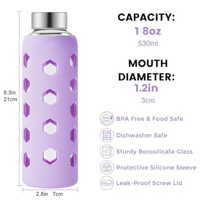 Mrsdry Glass Juice Bottles with Lids and Silicone Sleeves 18 oz, 4-Pack Reusable Clear Glass Water Bottles with Stainless Steel Airtight Cap for Juicing, Refrigerator, BPA Free Leak-Proof Drinking Jar - color: Purple
