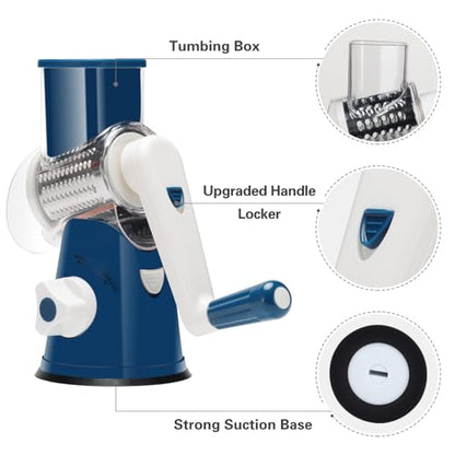 Cambom Rotary Cheese Grater Hand Crank Cheese Shredder for Fresh Cheese, Vegetable, Nuts,Non-slip Suction Base，Three Blades,Dark Blue - color: Dark Blue, size: 3 BLADES