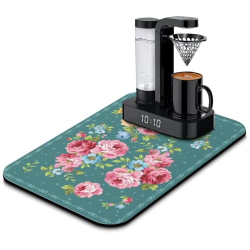 Washable Non-Slip Pioneer Flower Dish Drying Mats,Super Absorbent Quick Drying Mat For Kitchen Counter Home Large Coffee Bar Pad Accessories And Decor 19.5''x12'' (Dark Green Pink Flower, 19.5*12) - color: Dark Green Pink Flower, size: 19.5" x 19.5"
