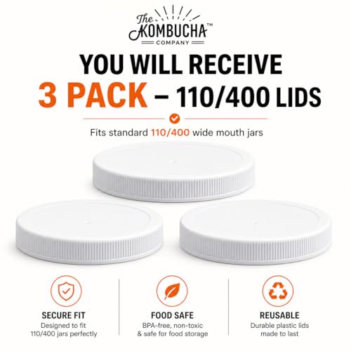 110mm (4.33") Fit - 3-Pack White Plastic Lids for Most 1 Gallon Wide Mouth Jars – PE Foam Liner, Food-Grade, Leak-Resistant Caps (Jars Not Included) - color: White