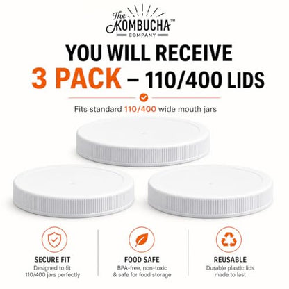 110mm (4.33") Fit - 3-Pack White Plastic Lids for Most 1 Gallon Wide Mouth Jars – PE Foam Liner, Food-Grade, Leak-Resistant Caps (Jars Not Included) - color: White