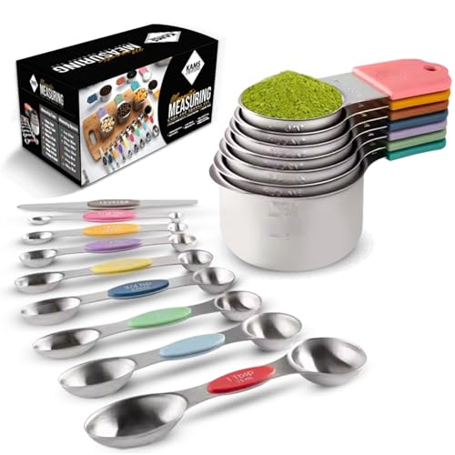 Stainless Steel Magnetic Measuring Spoons Set & Cups 16PCS - Double Sided Measuring Spoons, Stackable Measuring Spoons & Cups with Leveler - Premium Metal Measuring Spoons