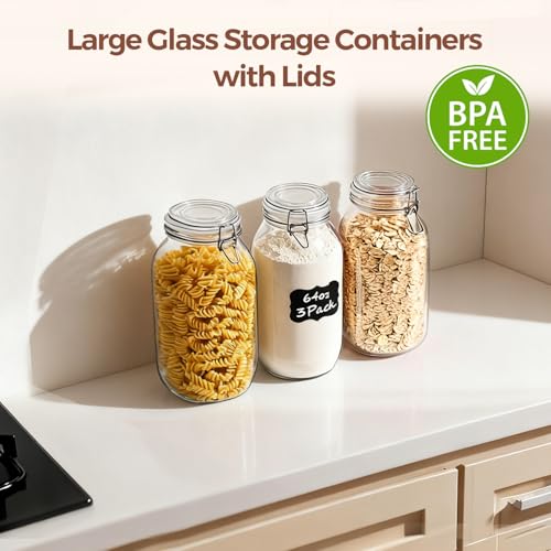 ComSaf 71oz Glass Canisters with Airtight Clamp Lids (Set of 3), 2.1L Large Fermentation & Pantry Jars for Bulk Food Storage, Ideal for Flour, Sugar, Sourdough Starter, and Pickling - 2.2 Quart - size: 71oz*3