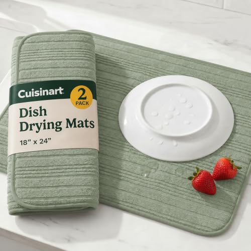 Cuisinart Dish Drying Mat for Kitchen Counter - 2-Pack XL 18x24 Ultra Absorbent Microfiber Dish Mat - Fast Drying, Machine Washable, Foldable Countertop Pad - Safe for Granite & Quartz - color: Horizontal Stripes Sage