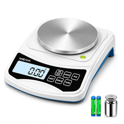 MEIYA Digital Lab Scale, 1000g by 0.01g Gram Scale Accuracy, Multi-Function High Precision Electronic Scale (Includes 100g Weight and 2 x AAA Batteries) Balance Scale Approved by EU CE and US FCC