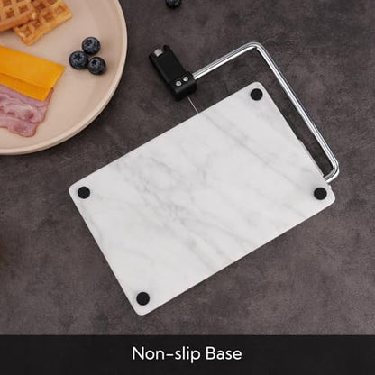 KITCHENDAO Replaceable Wire Cheese Slicer with Board, Tightness Adjustable Cheese Slicer, Marble Cheese Cutter for Block Cheese, Easy to Replace, with 2 Extra Upgrade Strong Wires