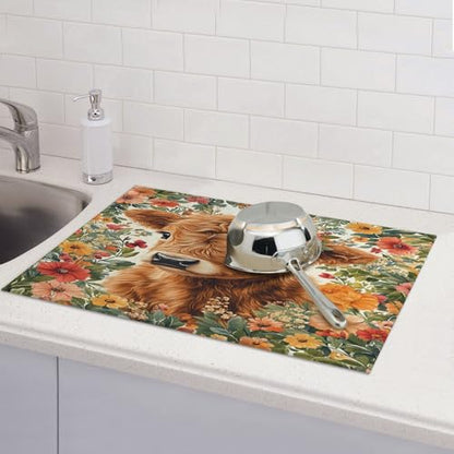 Highland Cow Dish Drying Mat for Kitchen Counter Microfiber Super Absorbent Non-Slip Dish Drying Pad for Countertops Dishes Utensils Stylish Quick-Dry Machine Washable 18x24 Inch - color: Highland Cow