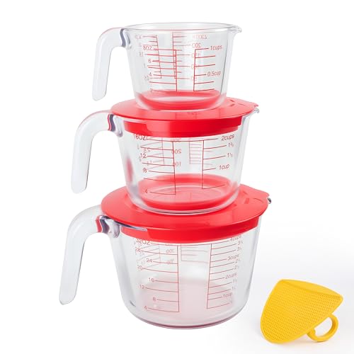 6 Pcs Glass Measuring Cups Set with Lids (Strainer Included) - 1-Cup/2-Cup/4-Cup Nesting Jugs with Easy-Grip Handles, Kitchen Liquid Measuring