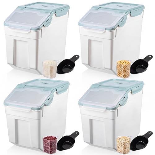 Sunnyray 4 Pcs 55 lbs Grain Rice Storage Container Flour Bin with Wheels Cup Leak Proof Pet Food Storage Boxes Seal Locking Lid Plastic Rice Containers Set for Cereal Flour Cat Dog Food (Blue) - color: Blue, size: 55 lbs
