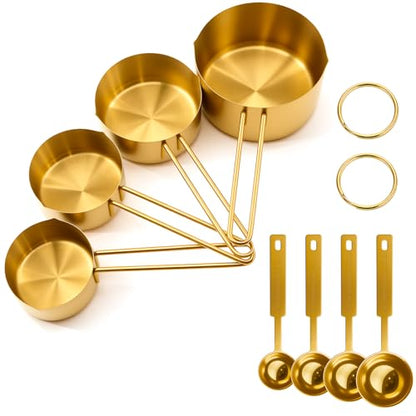 Gold 304 Stainless Steel Measuring Cup and Spoon Set, Stackable, 8-Piece, Long Handle for Narrow Bottles, Premium Gold Kitchen Utensils for Cooking and Mothers Day Gift - color: 8 set