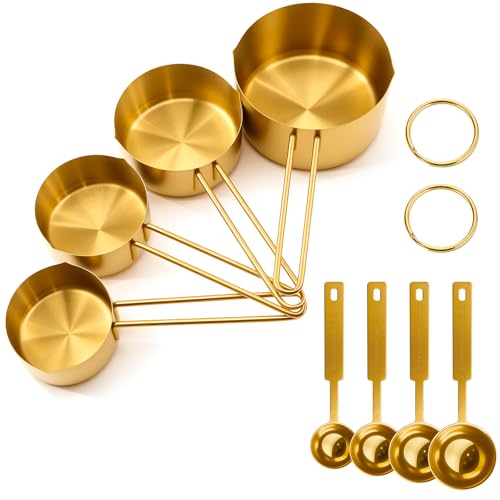 Gold 304 Stainless Steel Measuring Cup and Spoon Set, Stackable, 8-Piece, Long Handle for Narrow Bottles, Premium Gold Kitchen Utensils for Cooking and Mothers Day Gift - color: 8 set