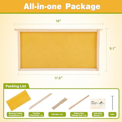 Bee Frames, Deep Beehive Frames with Wax Foundation, 10Pcs Hive Frames, 9-1/8-Inch, Unassembled