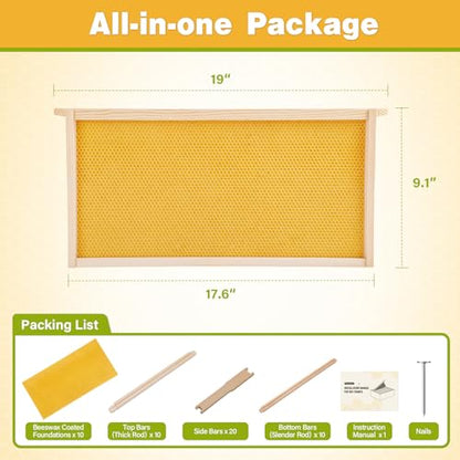 Bee Frames, Deep Beehive Frames with Wax Foundation, 10Pcs Hive Frames, 9-1/8-Inch, Unassembled
