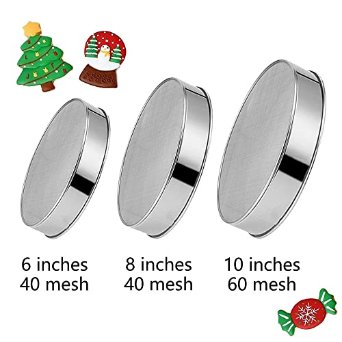 3 Pack Round Flour Sifter, Stainless Steel Fine Mesh Strainers Flour Sieve, 6 Inch and 8 Inch 40 Mesh 10 Inch 60 Mesh for Baking Straining Powdering Cake Bread Pies Pastries Muffin Cake